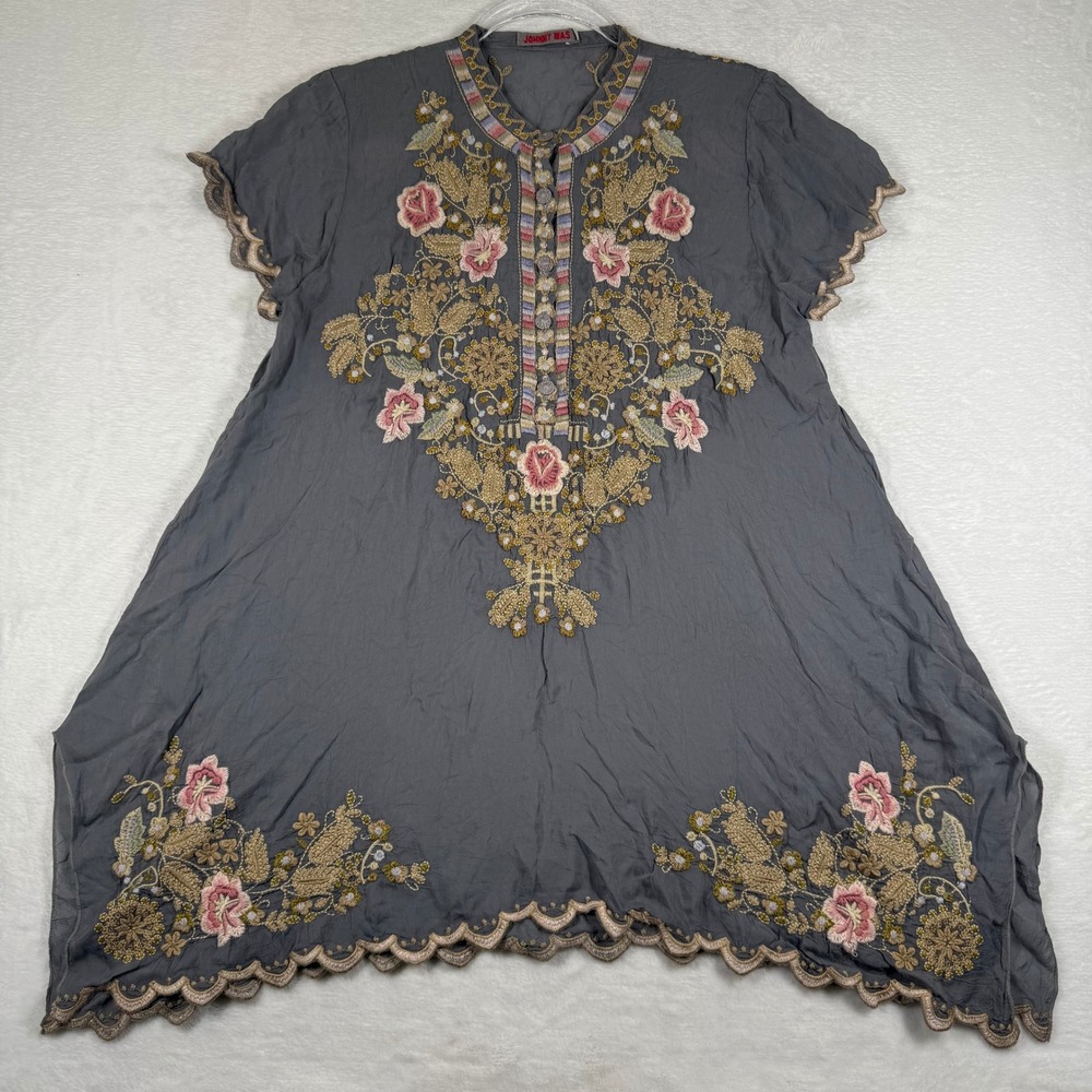 Johnny Was‎ Gray Cupra Rayon Floral Embroidered Sharkbite Tunic Top Small
